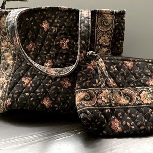 Vera Bradley black fall satchel with small travel makeup bag